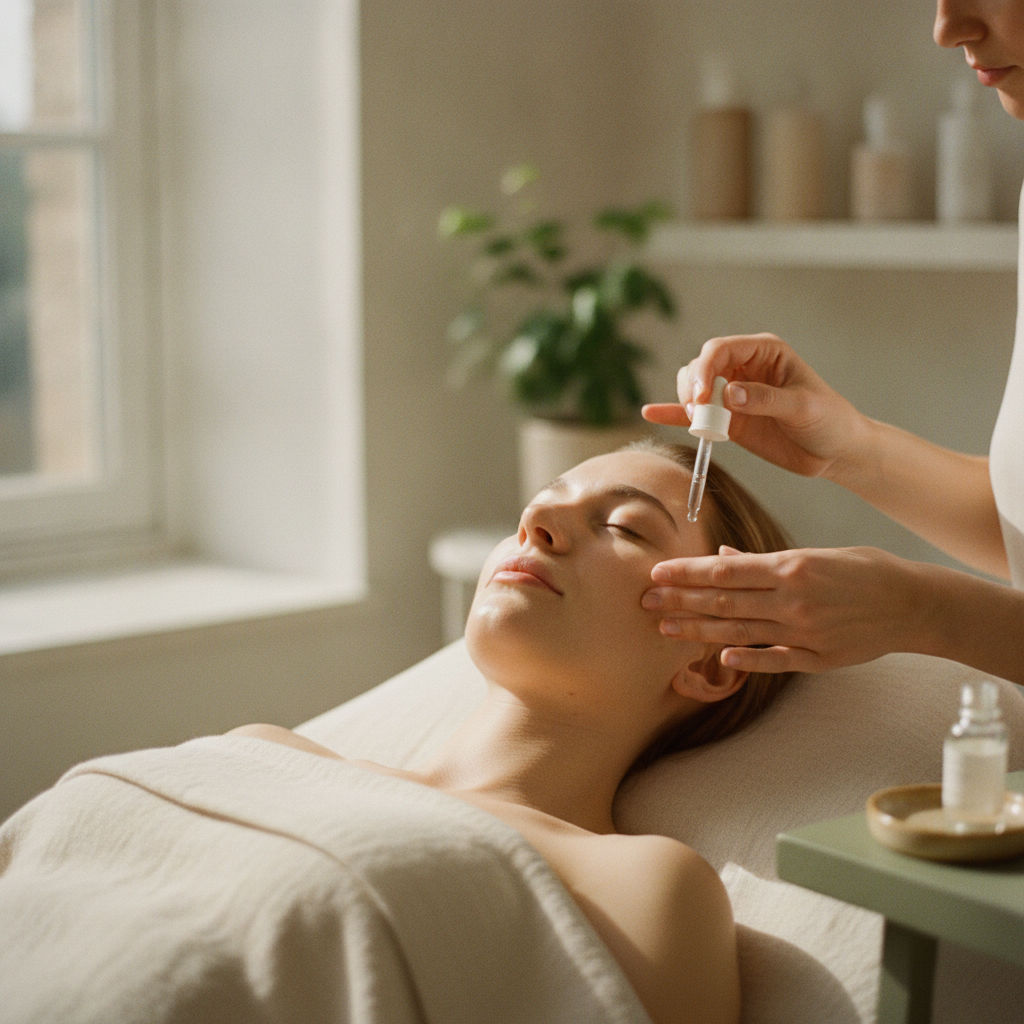 An esthetician applying serum with a dropper to a relaxed client's cheek by a bright window