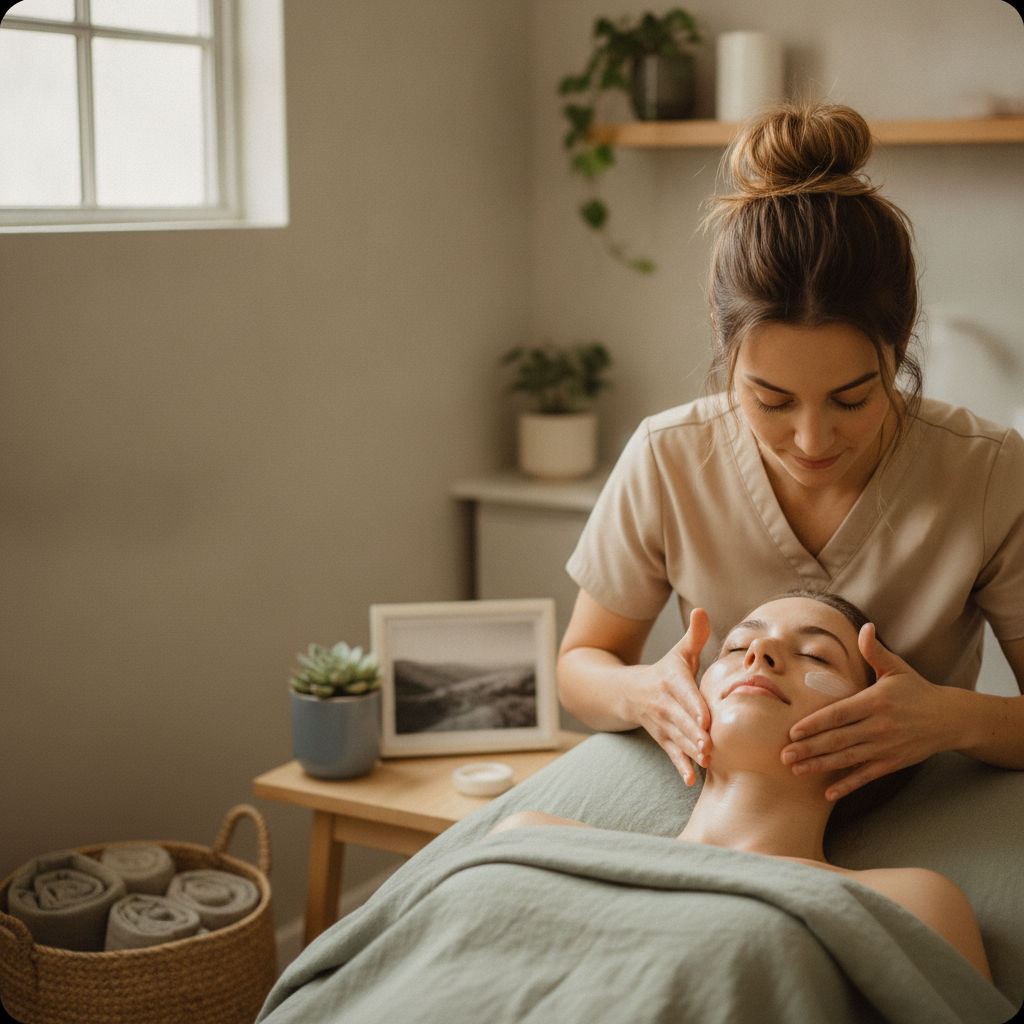 An esthetician in a beige top gently massaging a relaxed client's face in a calm treatment room
