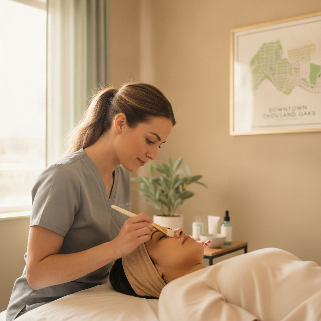 An esthetician applying a peel with a fan brush to a client lying on a treatment bed