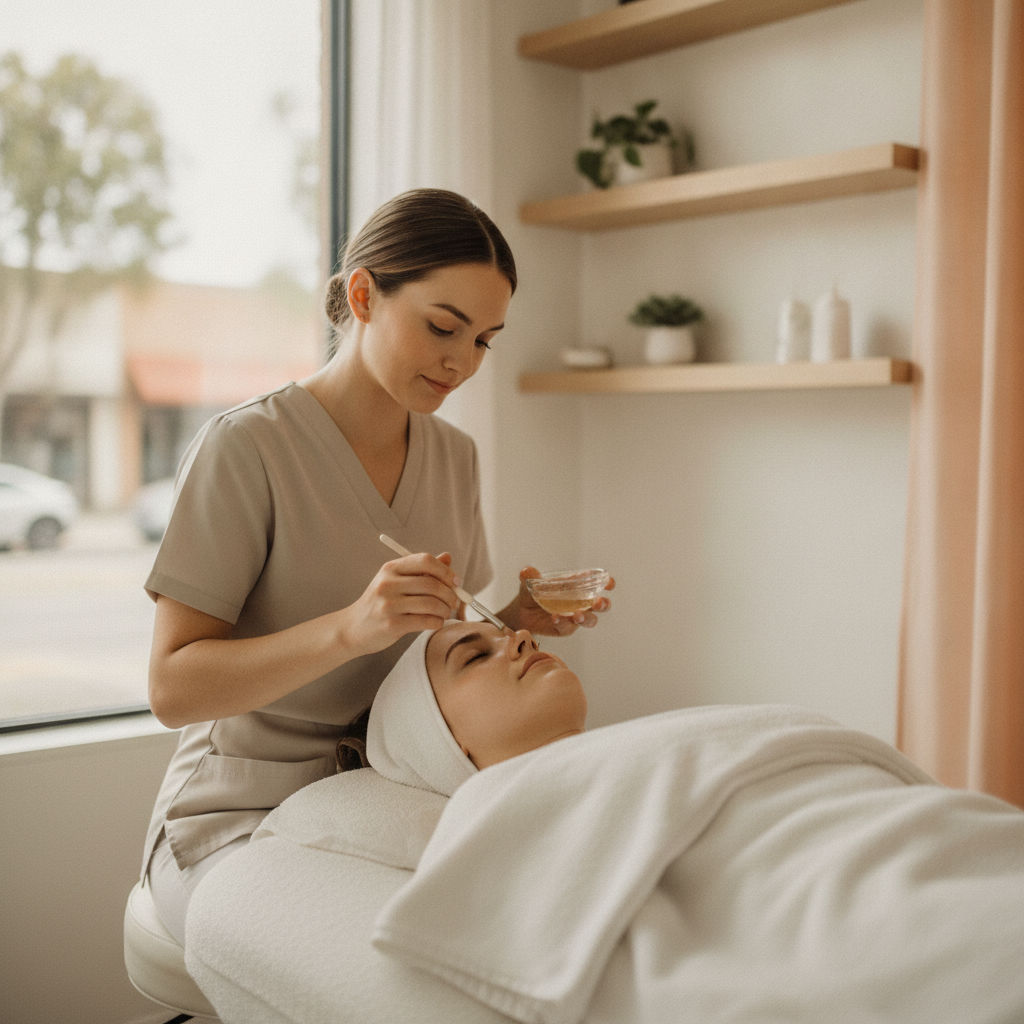 An esthetician applies a treatment to a client's face with a small brush while holding a glass dish