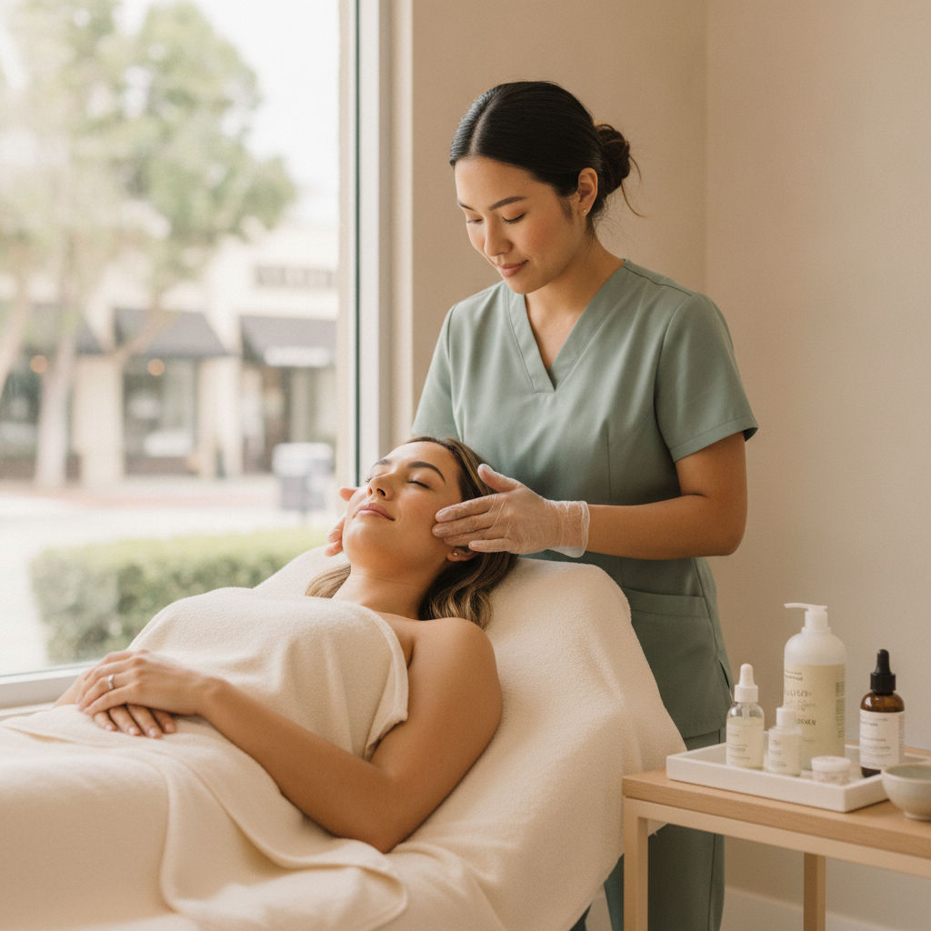 An esthetician in green scrubs and gloves rests her hands at a smiling client's temples in a sunny treatment room