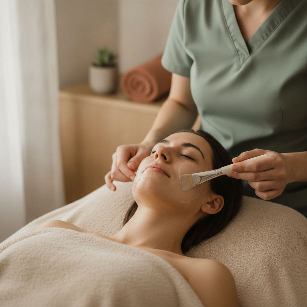 An esthetician brushing a clear treatment onto a relaxed client's cheek