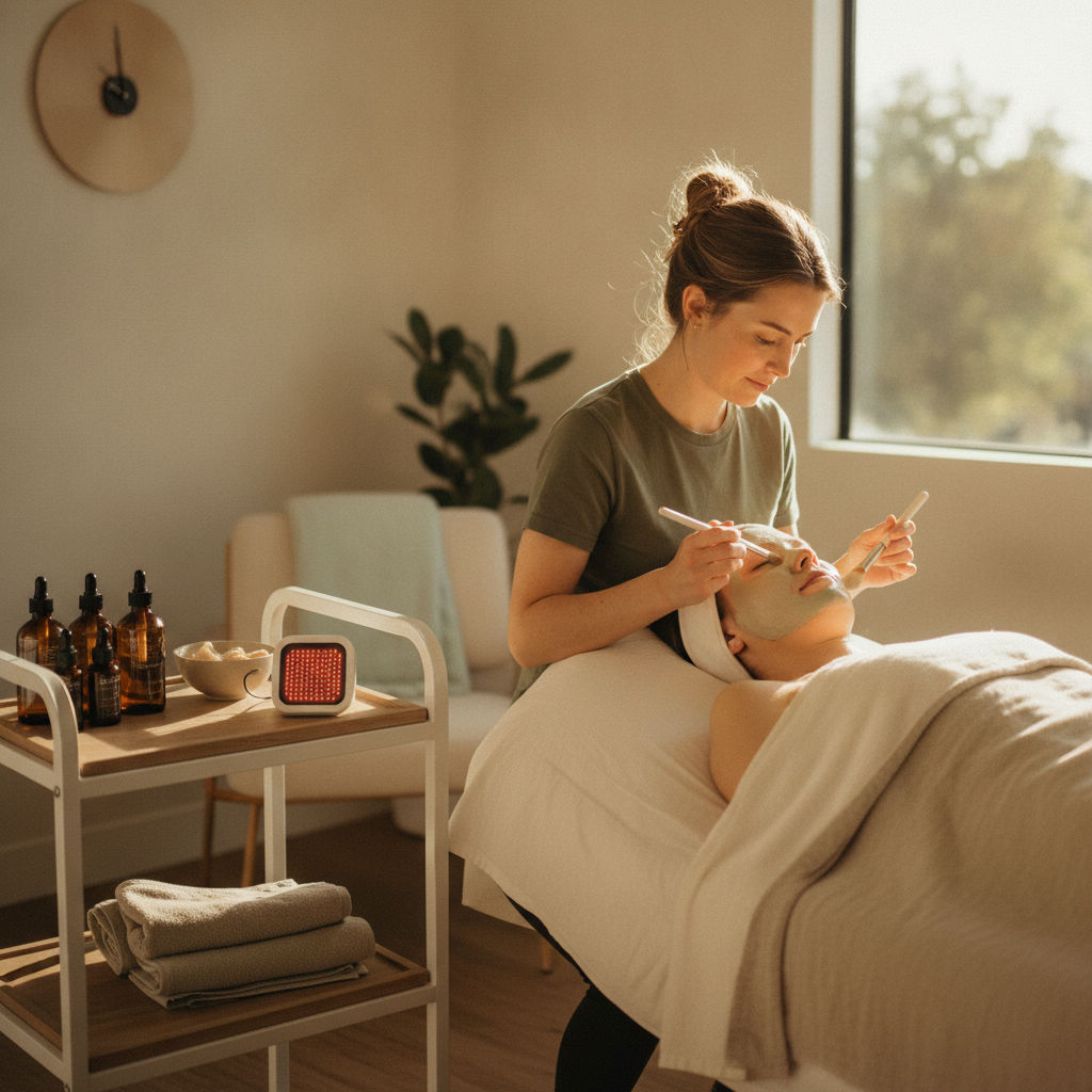 An esthetician brushing a treatment onto a client's face in a sunlit treatment room