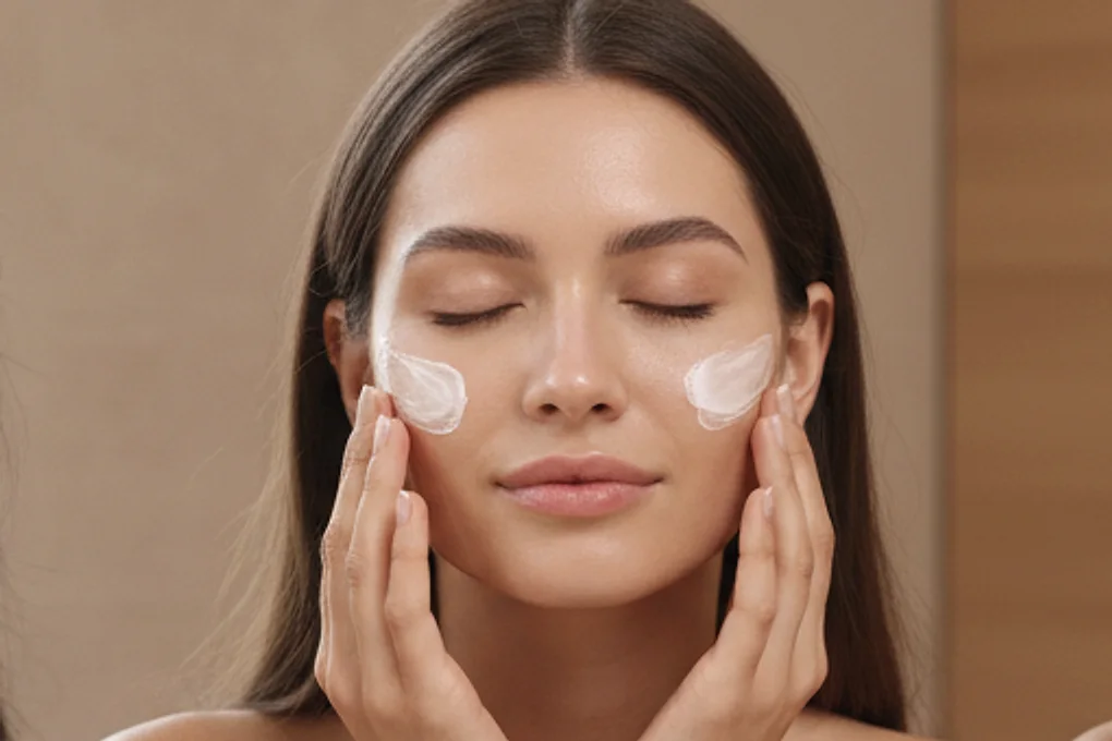 A woman with closed eyes gently smoothing moisturizer onto her cheeks