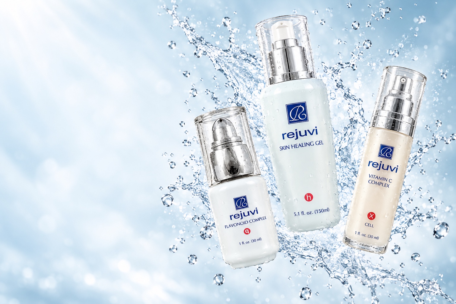 Three Rejuvi skincare bottles floating amid water splashes and droplets